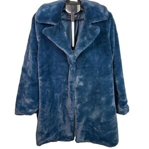 Roamans Faux Fur Coat Slate Blue Plus Size 18W Notched Lapel Mid Length